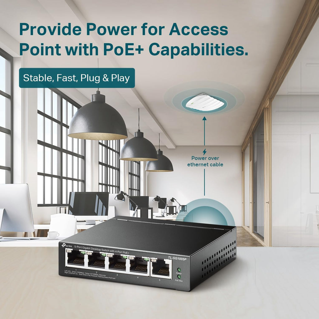 TP-Link TL-SG1005P, 5 Port Gigabit PoE Switch, 4 PoE+ Ports @65W, Desktop, Plug & Play, Sturdy Metal w/ Shielded Ports, Fanless, QoS & IGMP Snooping
