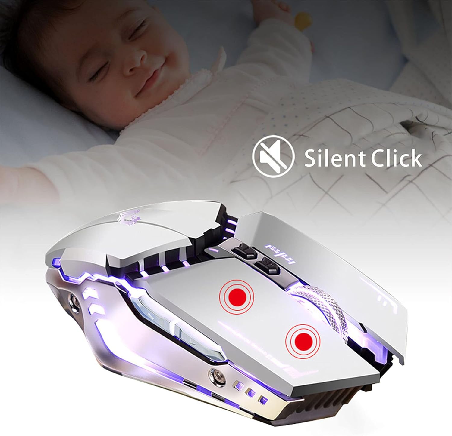 TENMOS T12 Wireless Gaming Mouse Rechargeable, 2.4G Silent Optical Wireless Computer Mice with Changeable LED Light for Laptop PC, 7 Buttons, 3 Adjustable DPI (Silver)