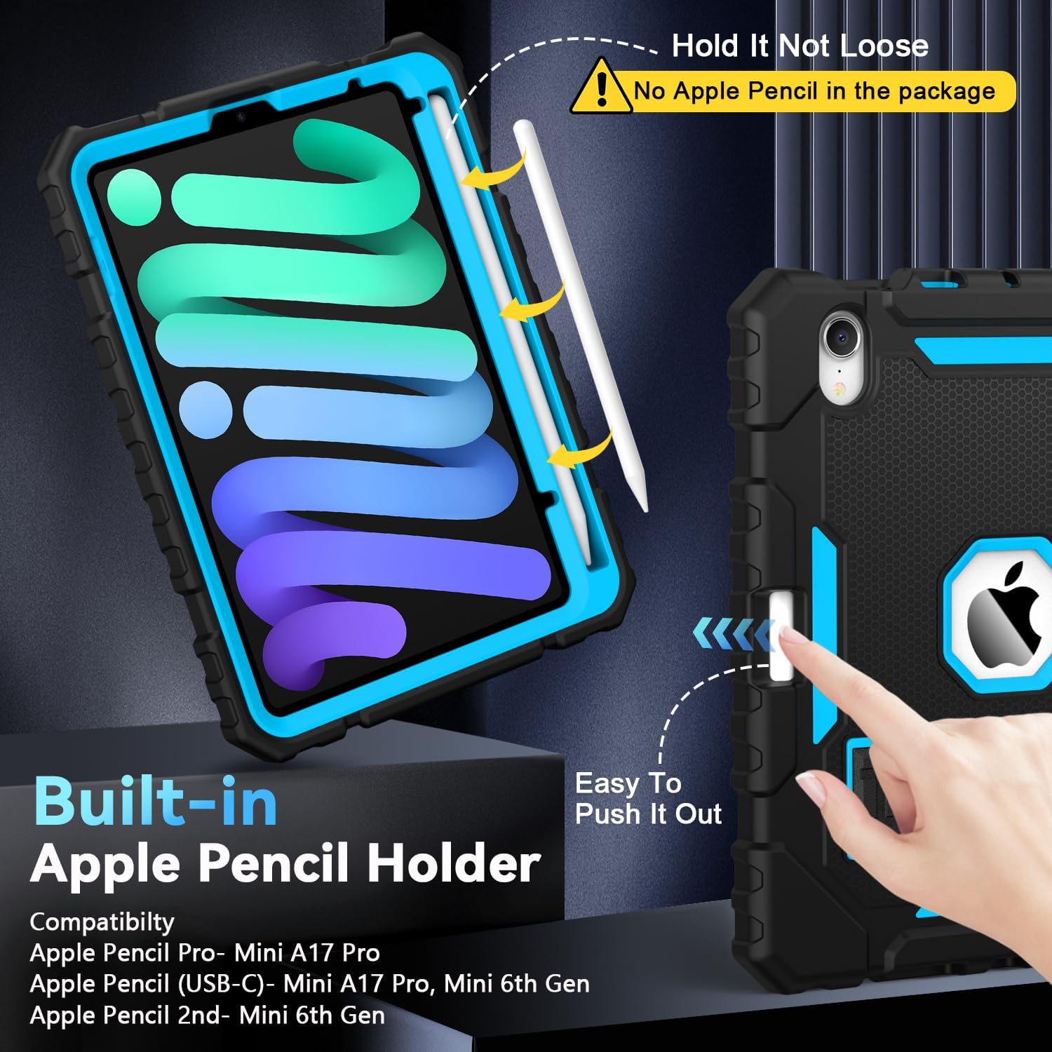 Grifobes Case for iPad Mini 7 (A17 Pro) 2024 / Mini 6 2021 8.3 inch, Heavy Duty Shockproof Rugged Cover with Pencil Holder Stand, for I Pad Mini 7th/6th Gen 8.3" Case for Kids Boys (Black+Blue)