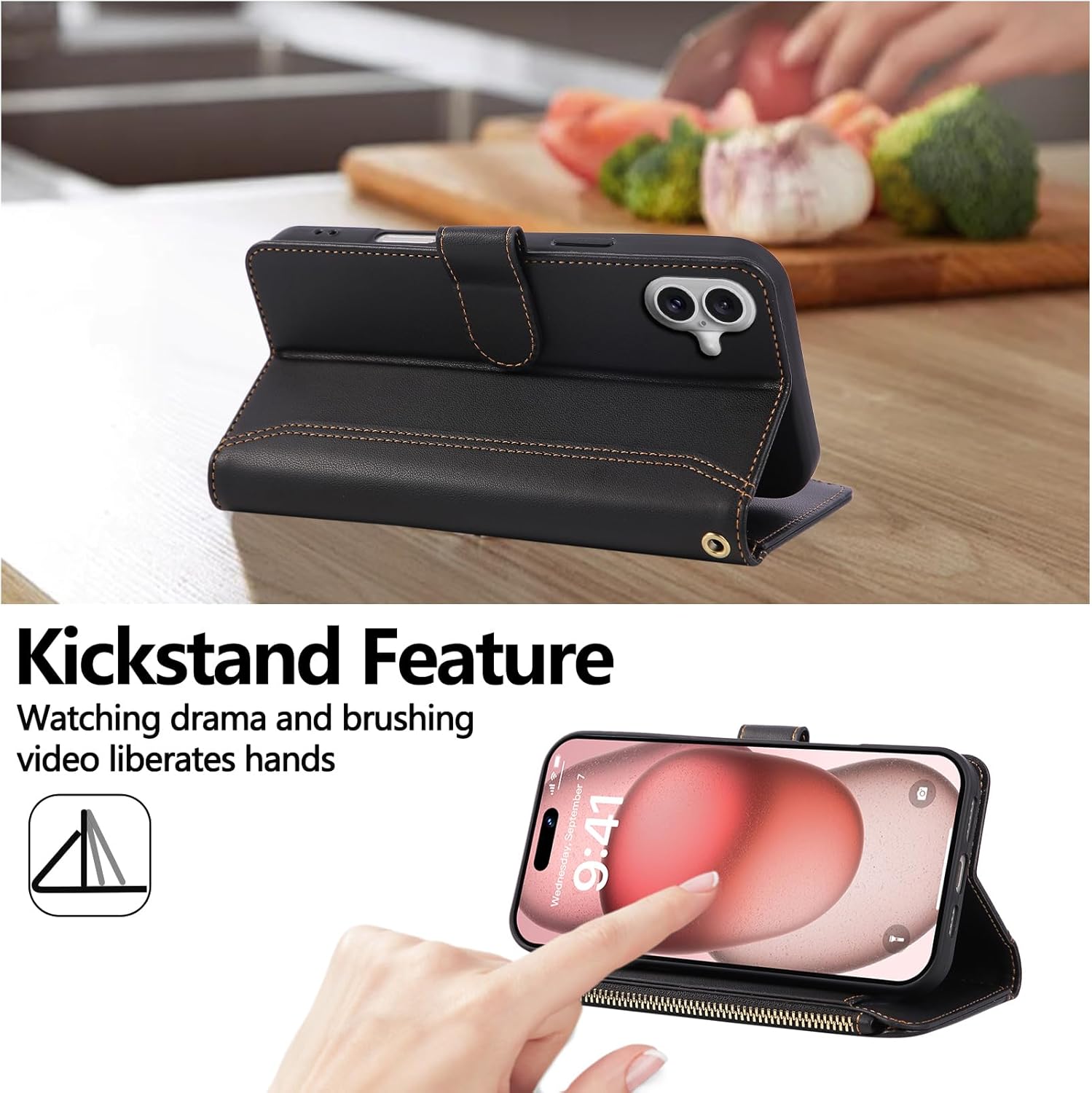 Compatible with iPhone 16 Wallet Phone Case-PU Leather Magnetic Flip Cover with Credit Card Slots,Zipper Pocket & Detachable Wrist Strap,Shockproof Design,for Women and Men-Black