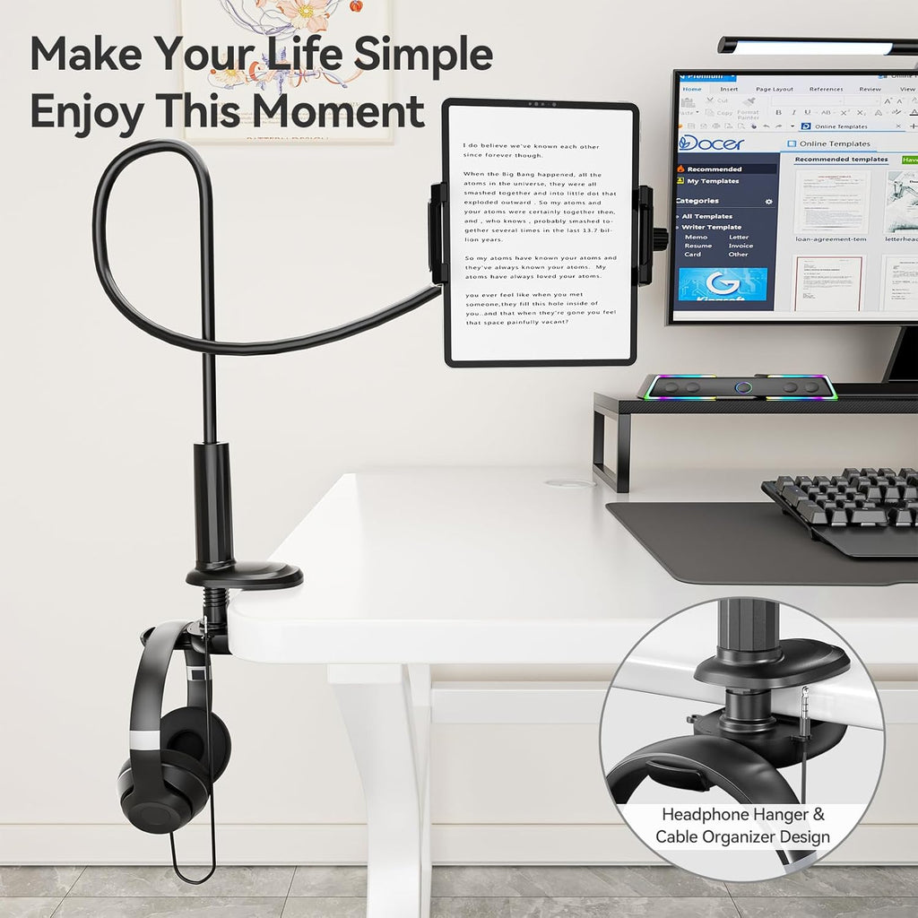 KDD Gooseneck Tablet Stand, 360° Adjustable Phone & iPad Holder for Bed and Desk, Flexible Arm Mount Clip for Video Recording, Bedside & Headboard Clamp for iPad Pro 12.9, Mini, Switch