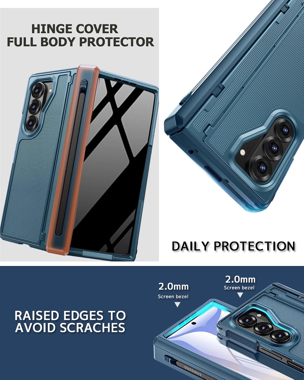 NINKI for Samsung Galaxy Z Fold 6 Case with S Pen Holder & Invisible Kickstand,Built in Privacy Screen Protector and Hinge,Shockproof Phone Cover for Samsung Z Fold 6 Case with Slim S Pen Slot – Blue