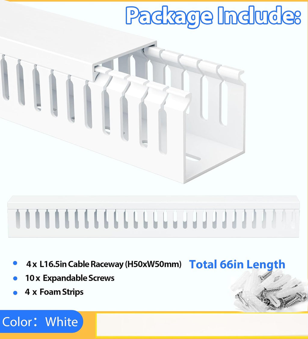 ZhiYo 66in(4X L16.5in) Professional Server Rack Cable Management Raceway, H2in x W2in Cable Raceway Kit, Electrically Safe PVC Open Slot Wire Raceway for Under Desk/Computer/Network Cords, White