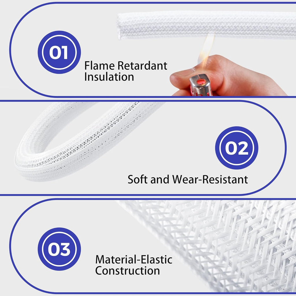 Cable Management Sleeves 1.5in - 2 Pack 4.1ft Split Braided Cable Sleeve White, Wire Organizers for Cords, Hard PE Cord Protectors from Pets, Flexible Cord Wrap Wire Sleeve for Computer Cord Organizer