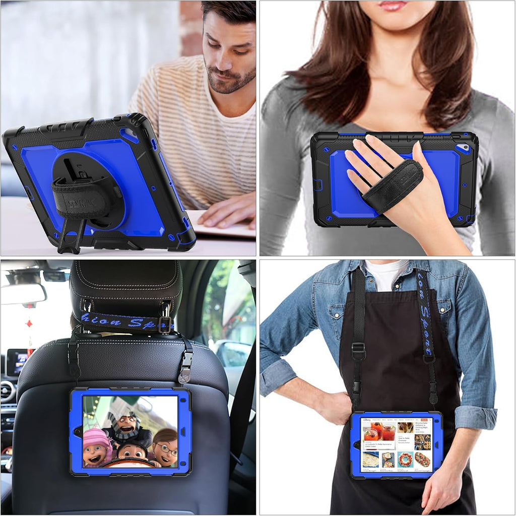 SEYMAC stock Case for iPad 6th / 5th Generation Case/Air 2 / Pro 9.7 inch, Heavy Duty Protective with Screen Protector, with Pencil Holder, Hand Strap, Shoulder Strap, 360 Rotate Stand, Blue+Black