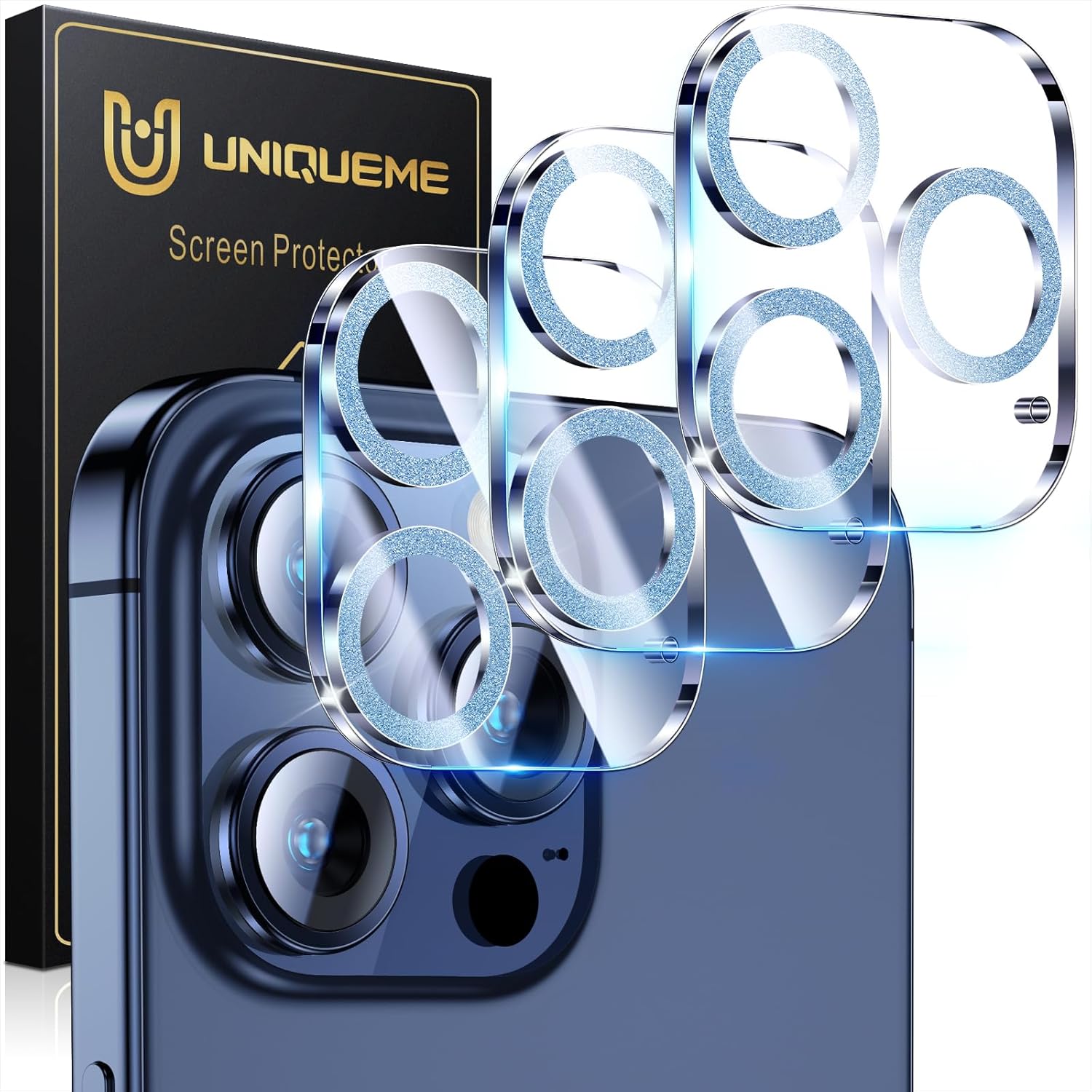 UniqueMe for 3 Pack iPhone 15 Pro/iPhone 15 Pro Max Camera Lens Protector, [Drop Protection] [Case Friendly] 9H Tempered Glass Camera Cover Screen [Update New Version] - Light Blue