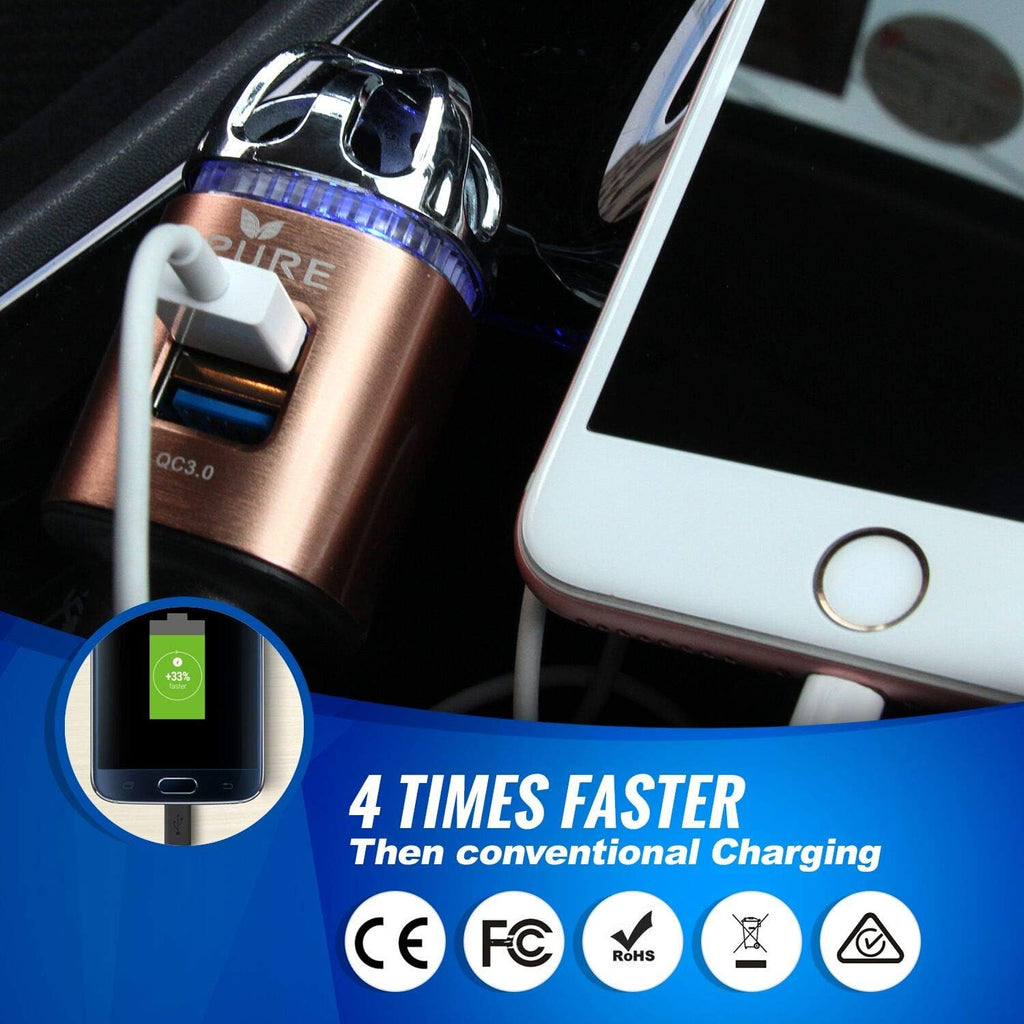 Car Air Purifier 3in1 Premium Stainless Steel Air Filter Ionizer w/Dual USB Quick Charge 3.0 USB-Eliminate Allergens Odor Smell, Smoke, Pets, Pollen Mold Bacteria w/Anti-Microbial Deodorizer (Bronze)