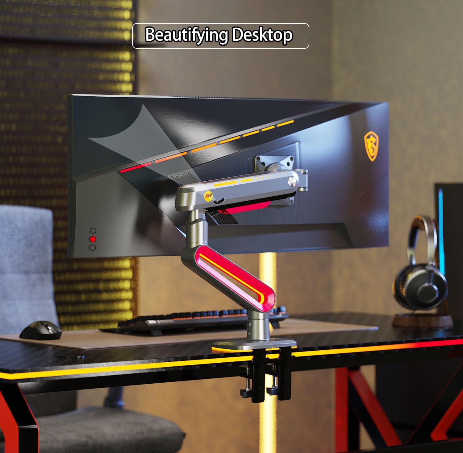 RGB Gaming Monitor-arm for Flat/Ultrawide/Curved Monitors 32 to 60 inch, Heavy Duty Stand Load up to 20 kg, VESA 75/100 mm Monitor-Mount L60