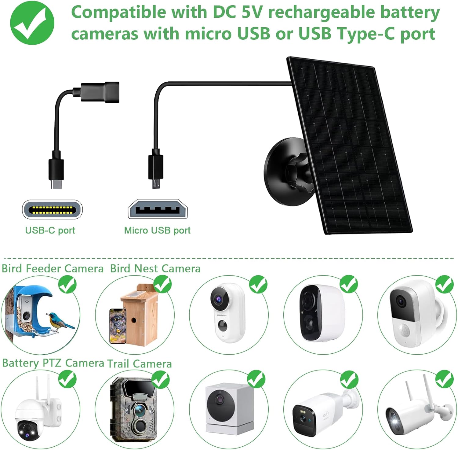 Zivif 4W Solar Panel for Security Camera, Solar Panel Charger with USB-C & Micro USB Ports, Compatible with Rechargeable Battery Camera, 360° Adjustable Mount