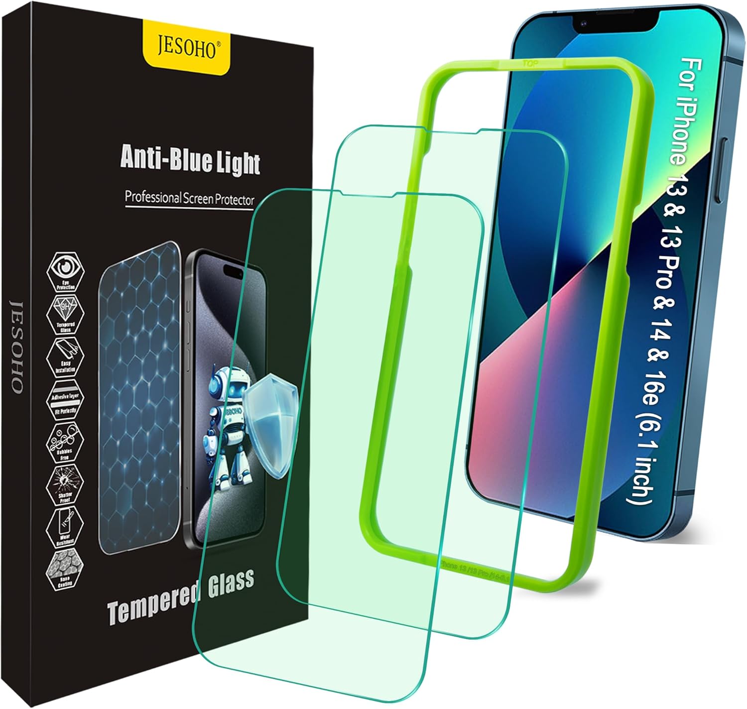 Blue Light Screen Protector for iPhone 16e iPhone 13 iPhone 13 Pro & iPhone 14 (6.1inch), Eye Protection Tempered Glass Film, Scratch-Resistant, No Bubble with Easy Installation Kit, 2 Pack