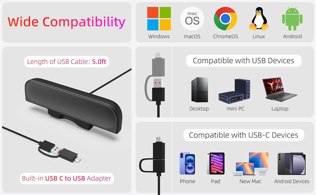 Computer Speakers for Desktop PC, Monitor Speakers, USB Plug-in, Wired, External Speaker for Laptop, Small Computer Soundbar for PC, with Loud Sound, Deep Bass, USB-C Adapter, Easily Clamp to Monitor