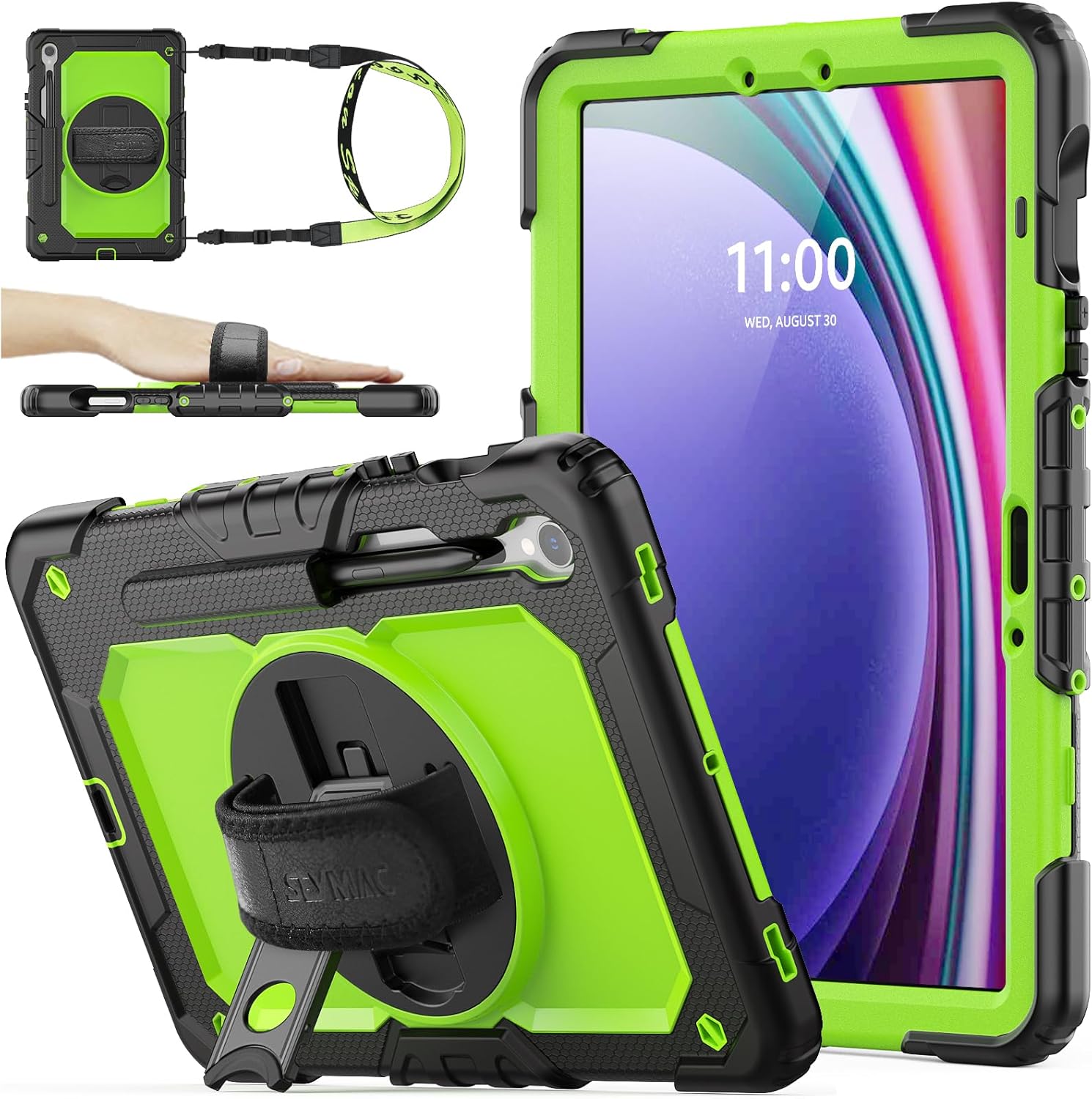 SEYMAC stock Case for Samsung Galaxy Tab S10 FE / S9 / S9 FE 5G Tablet Case Protective with Screen Protector, Pencil Holder, 360 Rotate Stand, Hand Strap, Shoulder Strap, Green1