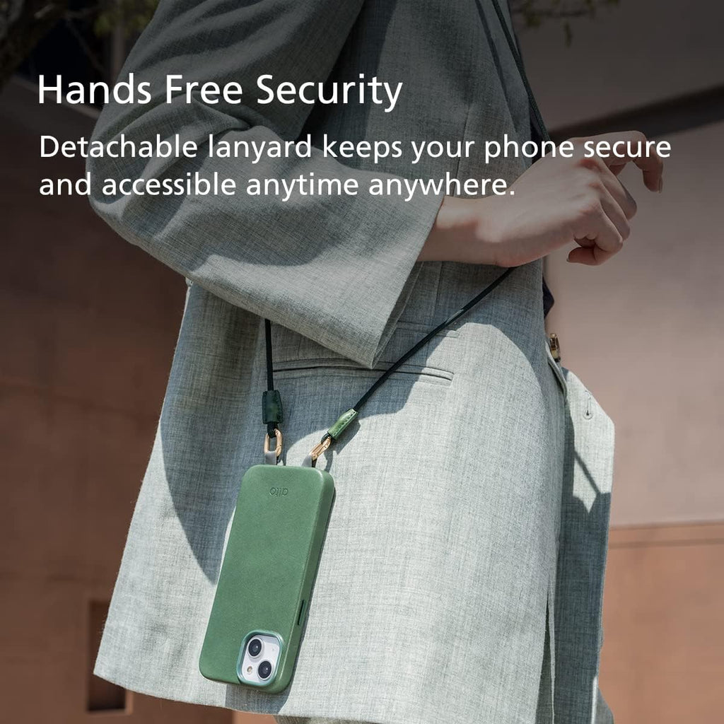 alto Crossbody Phone Lanyard: detachable patch, nylon strap with Italian leather pad, for iPhone and android full body phone cases (Forest Green)