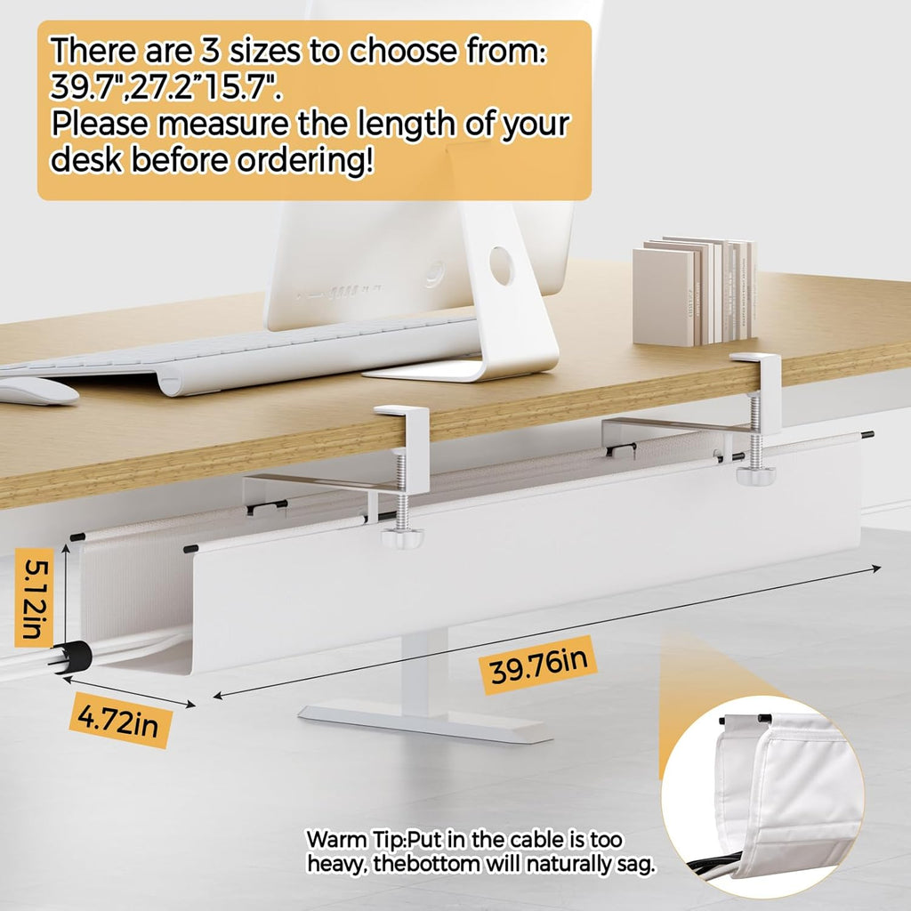 Under Desk Cable Management Tray 39.7" - No Drill Computer Wire Organizer Cable Tray, Cord Hider Clamp Mount with 16X Cable Ties PC Cables Management Cord Holder for Office/Home (Upgrade Fabric,White)