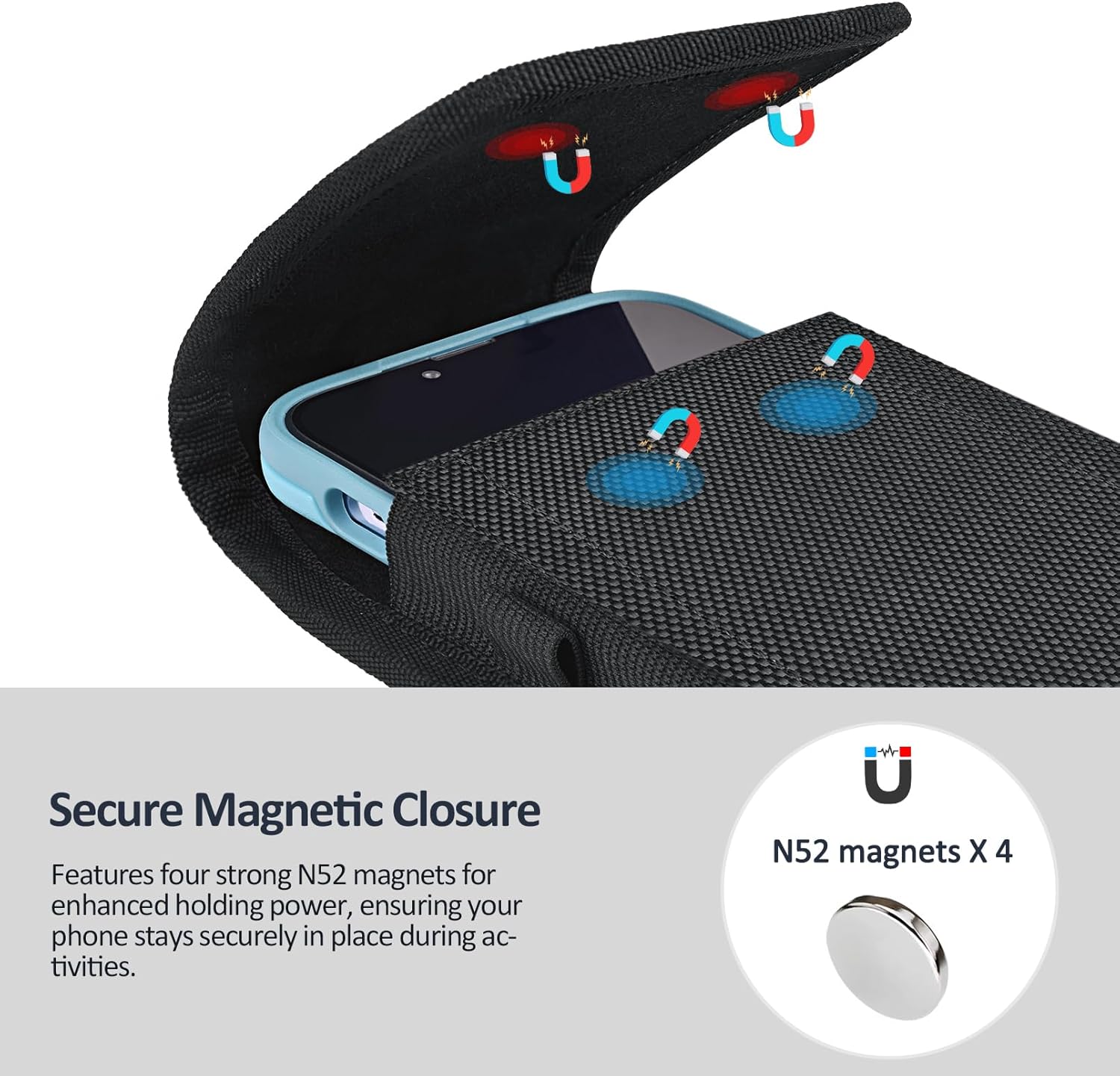 Phone Holster for Belt with Metal Clip and Magnetic Closure Compatible with iPhone 16/15/14/13/12 Pro Max, Galaxy S25/S24/S23/S22 Plus & FE for Everyday Protection, L-Black
