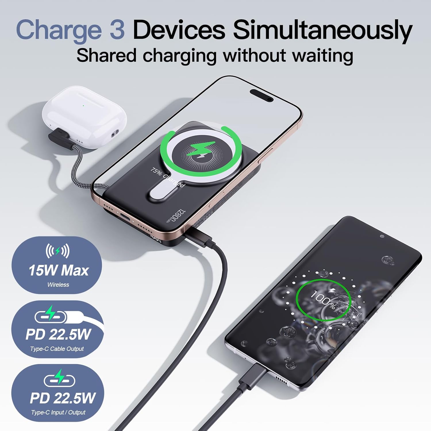 2025 Latest Magnetic Wireless Power Bank, 12800mAh Portable Charger with Built in Cable and Strap, LED Display Magnetic Battery Pack Travel Essential for iPhone 16/15/14/13/12/Pro/Mini/Pro Max Andriod