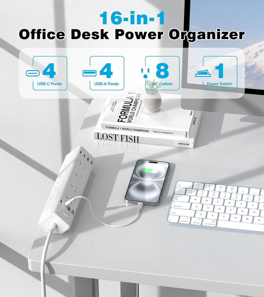 40W Fast Charging Station,Desk Clamp Power Strip,4 USB-C Ports & 8 AC Outlets,Desktop Edge Mount Surge Protector Power Strip,14AWG Heavy Duty Cord,Fit 1.9" Tabletop Edge for Home Office(10Ft Cable)