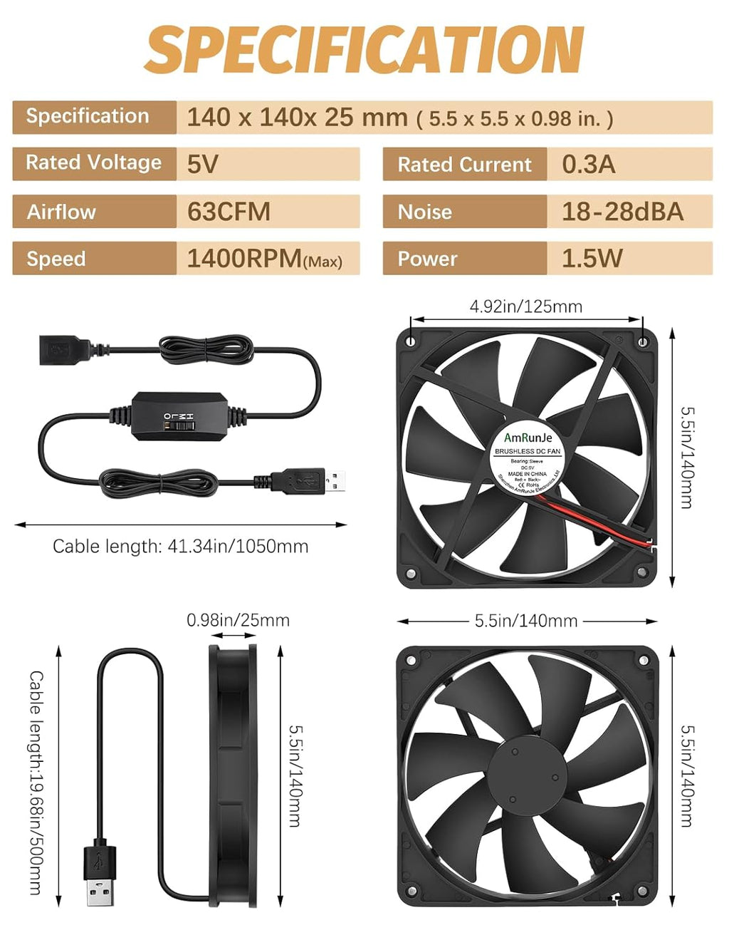 140mm x 25mm USB Computer Fan with 3 Speed Degree 5v PC Cooling Fan for DVR Receiver PlayStation Xbox AV Cabinet