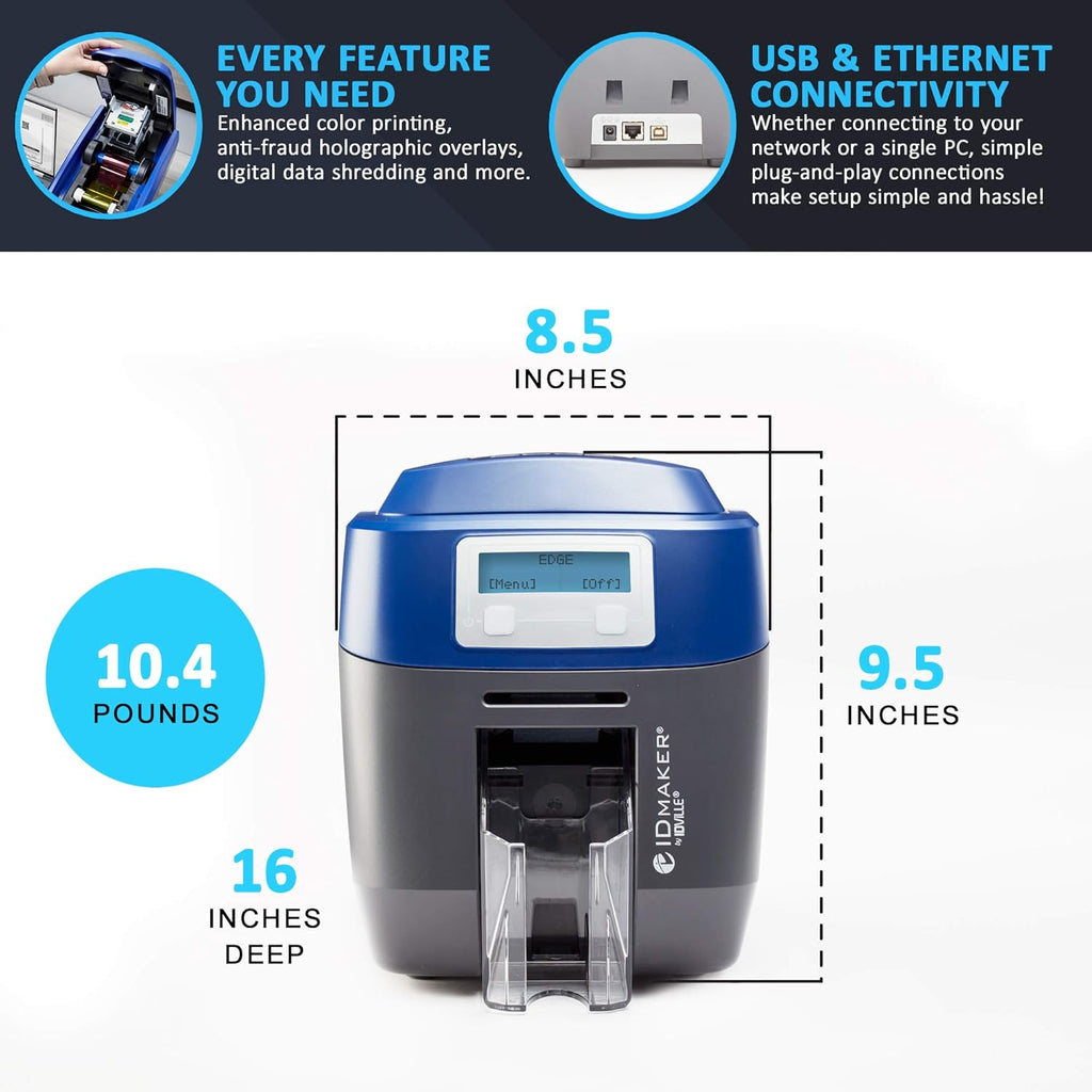 ID Maker Edge 2 Sided Card Printer & Supply Kit for Badge Printing - Print Professional Quality Identification Cards, Easy Software - Magnetic Stripe Encoder, 200-Print Color, 100 PVC Cards