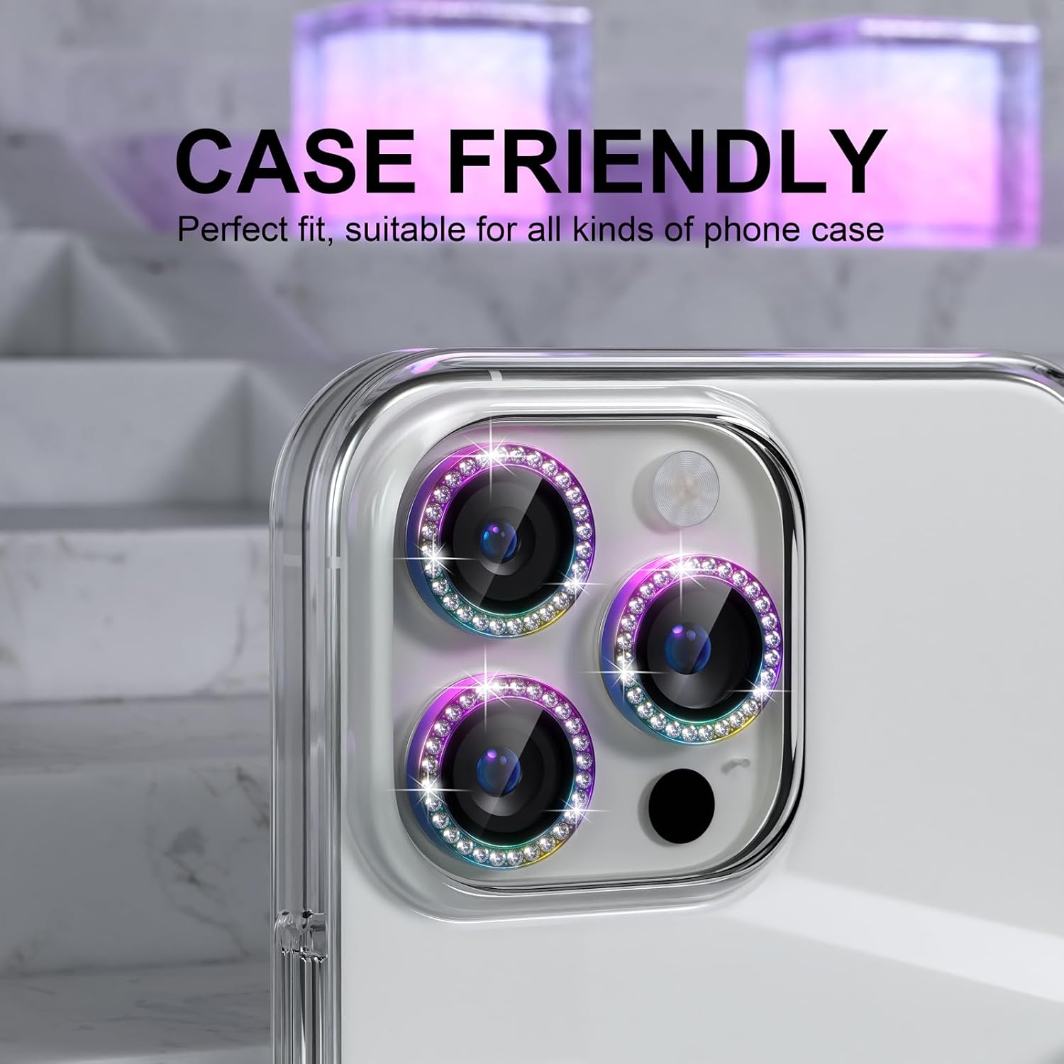 Choiche Compatible for iPhone 16 Pro/iPhone 16 Pro Max Camera Lens Protector Bling, 9H Tempered Glass Camera Cover Screen Protector Metal Ring Decoration Accessories (Diamond-Colorful)