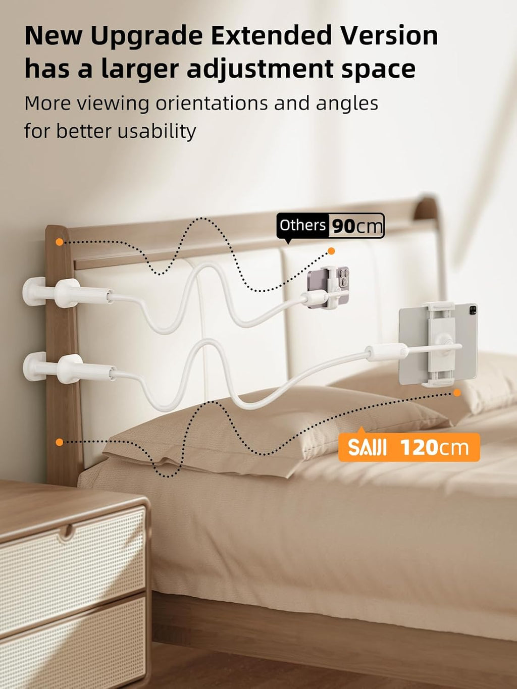 SAIJI Gooseneck Tablet Holder for Bed, One-Hand Adjustable, 47" Length, Upgraded Base, iPad Holder Stand Flexible Lazy Arm, Compatible with iPad/iPhone/Kindle/Switch or Other 4.7-13" Device (White)