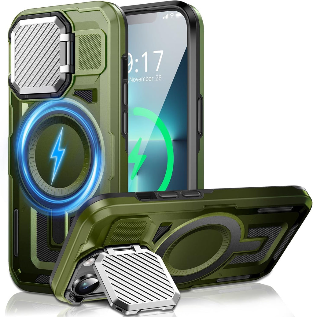 Camera Stand Case for iPhone 13 Pro Max, [Compatible with Mag Safe] [Lens Cover] 2024 Version Military Grade Protective Soft Case for iPhone 13 Pro Max 6.7 inch Men Women, Green