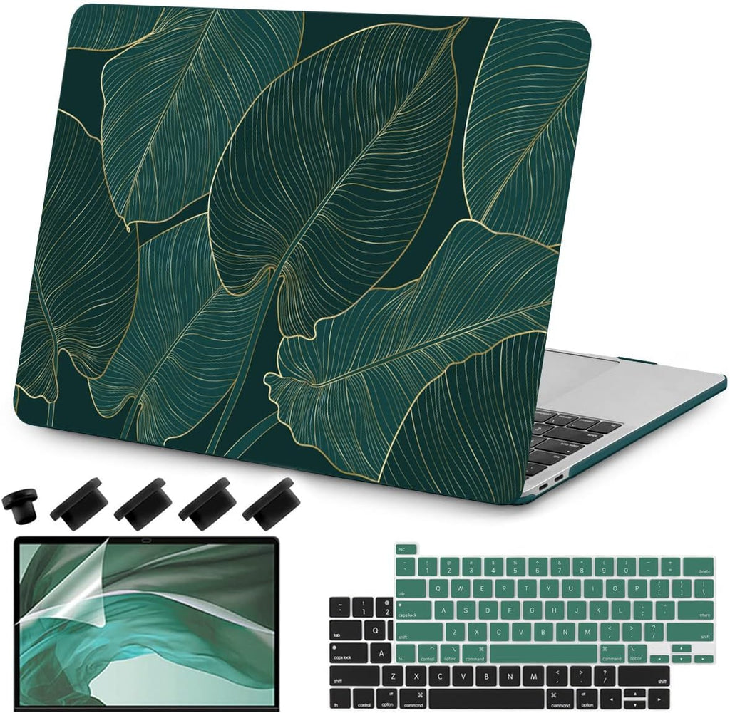 Teryeefi for MacBook Pro 13 inch Case M2 M1 2022 2020 2019-2016 Model A2338 A2289 A2251 A2159 A1989 A1706 with Touch Bar, Hard Shell Case & Keyboard Cover & Screen Protector, Green Leaf