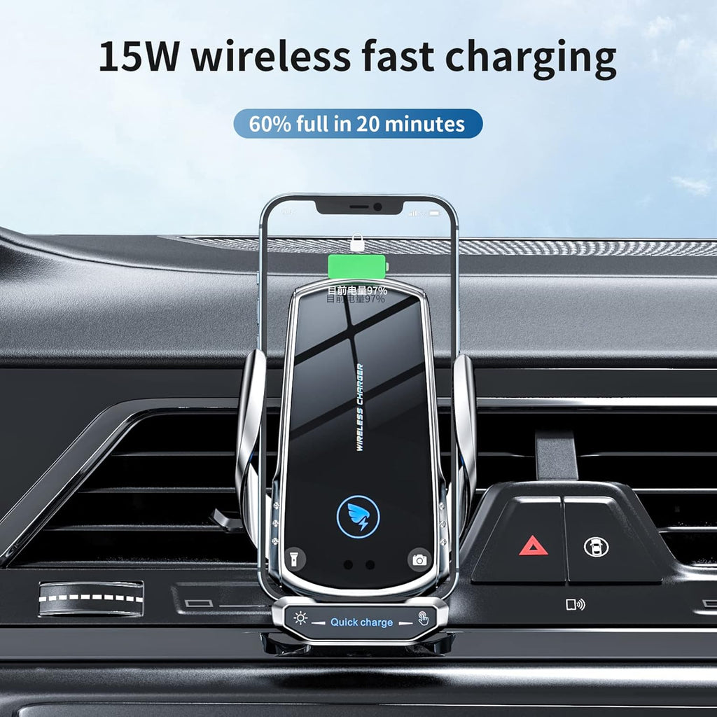 Wireless Car Charger Mount Automotive Electric Induction 15W Fast Charging Auto Clamping Car Phone Holder Mount Wireless Charging Mount Air Vent Phone Holde Compatible with All Android (Silver)