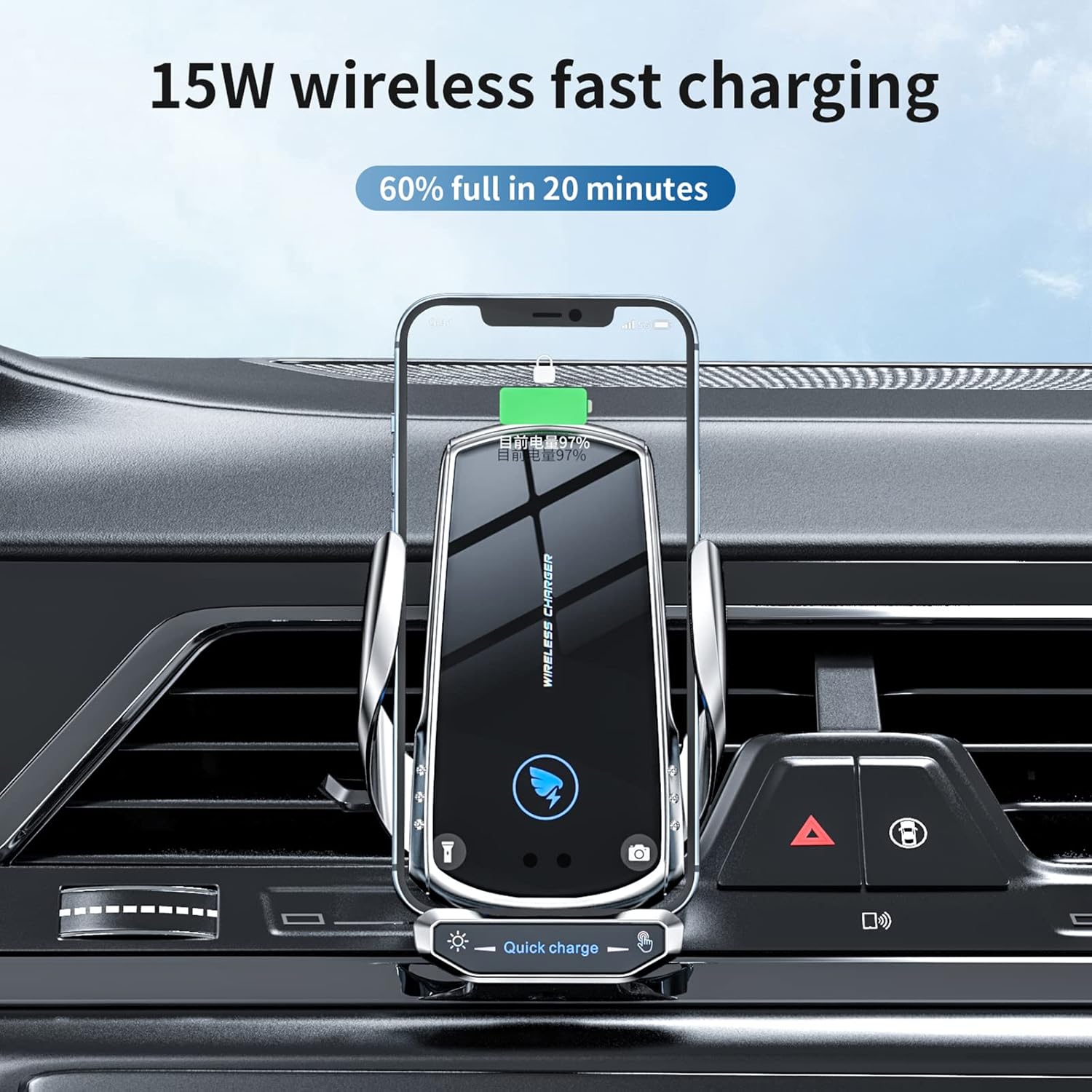 Wireless Car Charger Mount Automotive Electric Induction 15W Fast Charging Auto Clamping Car Phone Holder Mount Wireless Charging Mount Air Vent Phone Holde Compatible with All Android (Red)