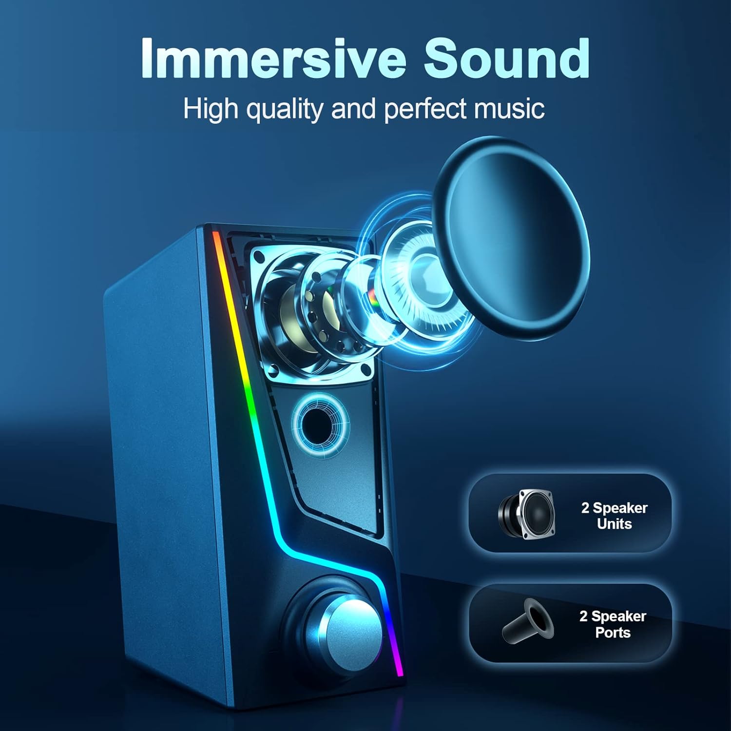 Computer Speakers, PC Speakers with 6 Lighting Modes, USB Powered Computer Speakers for Desktop Monitor with 2 Bass-Boost Ports, 2 Speaker Units, and 3.5mm Aux-in Cable for PC, Laptop, Tablet, Phone