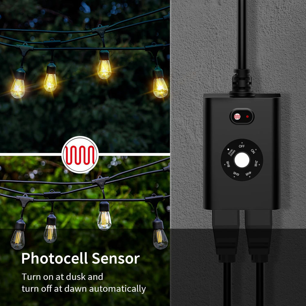 Minoston Outdoor Timer Outlet Waterproof 2 Pack, Dusk to Dawn Photocell Light Sensor Socket, 2/4/6/8 Hours Cutdown Timer, 2 Grounded Outlets for Christmas and Hallowen Deceration, Black(MP40T)