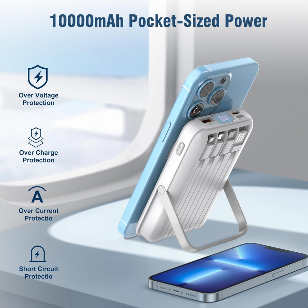 Wireless Portable Charger 10000mAh,Magnetic Power Bank with Built-in Cables LED Display,22.5W PD Fast Charging for Magsafe Battery Pack Compatible with iPhone16/15/14/13/12/Pro/Pro Max (White)
