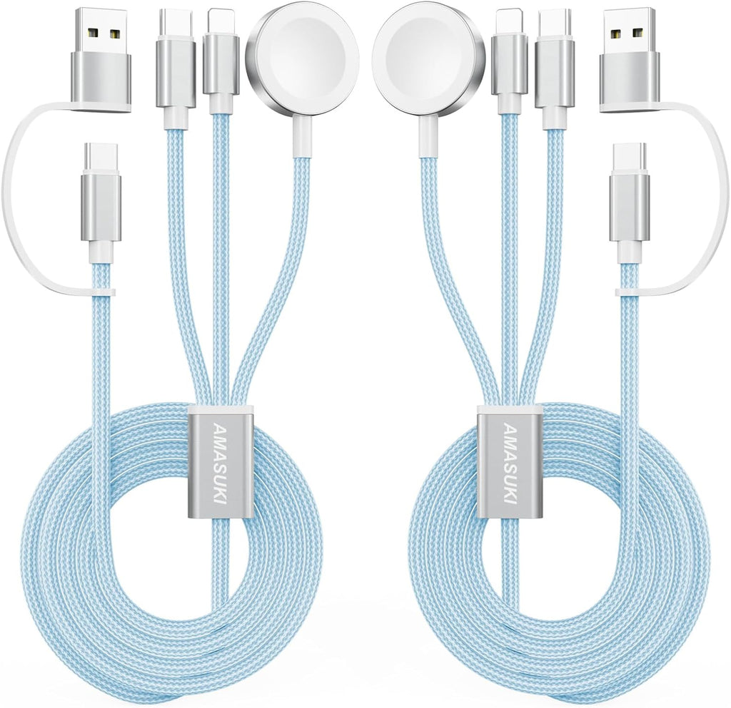 2Pack Blue-Travel Essentials 3 in 2 USB C Cable for Watch Charger Phone Charger USB C Multi Fast Charging Cable Compatible with Watch Ultra/SE/10/9/8/7/6/5/4/3/2/1 & Phone 16/15/14/Galaxy S23-4FT