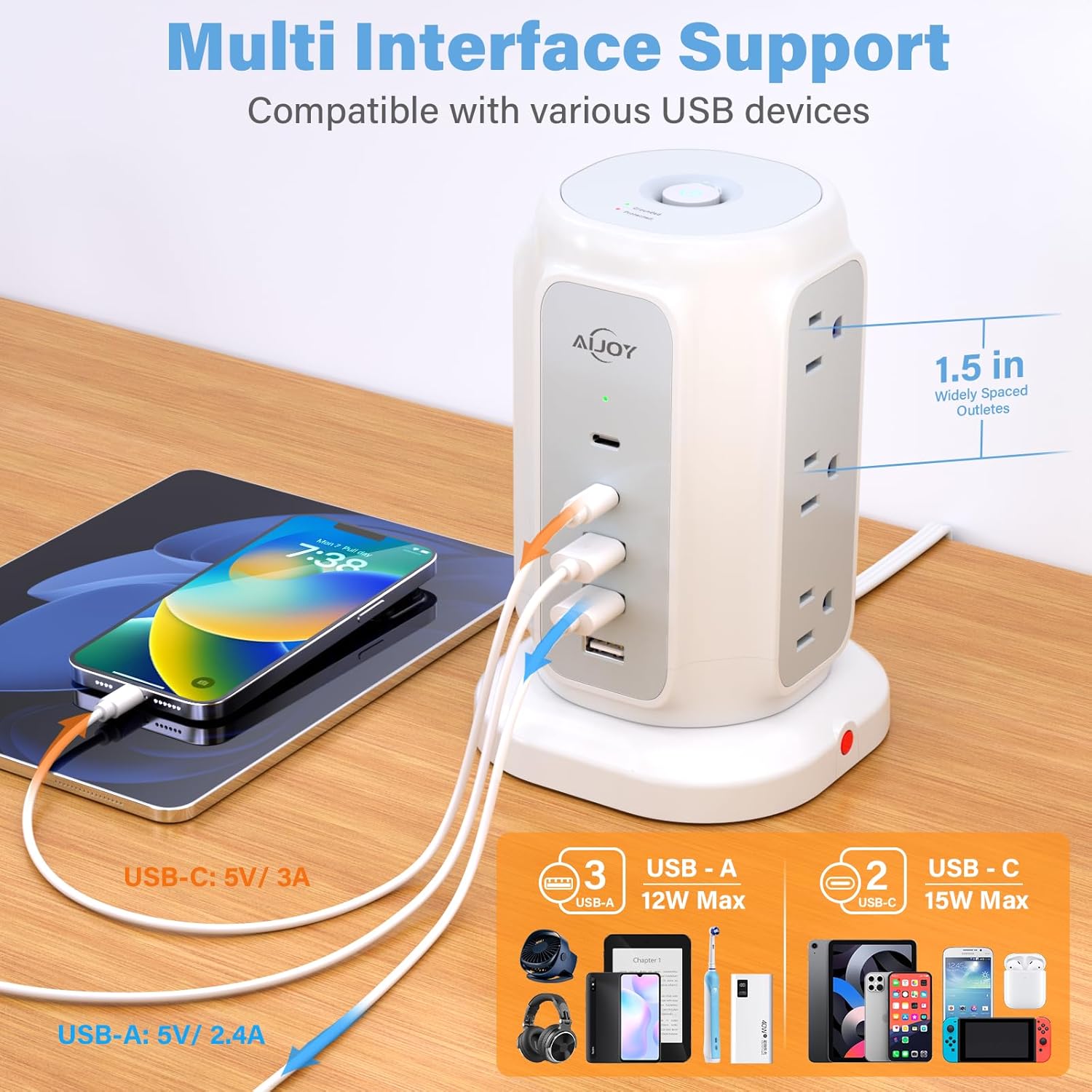 AiJoy Flat Plug Power Strip Tower with 9 Outlets and 5 USB Ports (2 USB-C), 1200J Surge Protection, 1625W Extension Cord with Multiple Outlets Charging Station for Home Dorm Office Supplies
