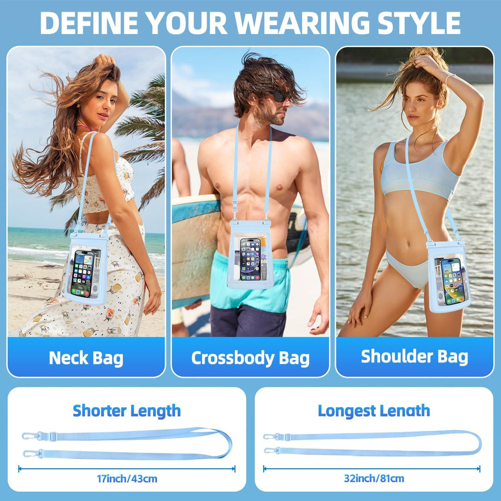 2L Floating Waterproof Phone Pouch for Up to 7.5", Large Space Adjustable Neck Lanyard Waterproof Bag. Dry Bag for Family Vacations, Beach, Pools, Kayaking, Cruises (Blue)