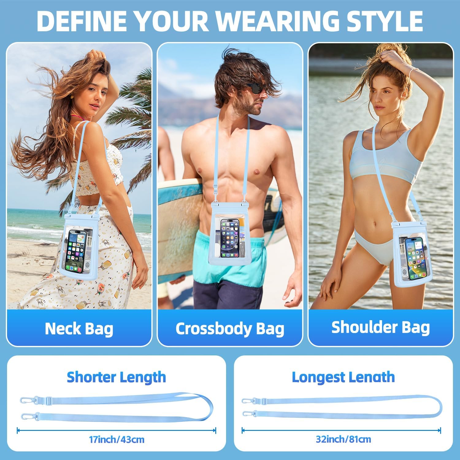 2L Floating Waterproof Phone Pouch for Up to 7.5", Large Space Adjustable Neck Lanyard Waterproof Bag. Dry Bag for Family Vacations, Beach, Pools, Kayaking, Cruises (Blue)