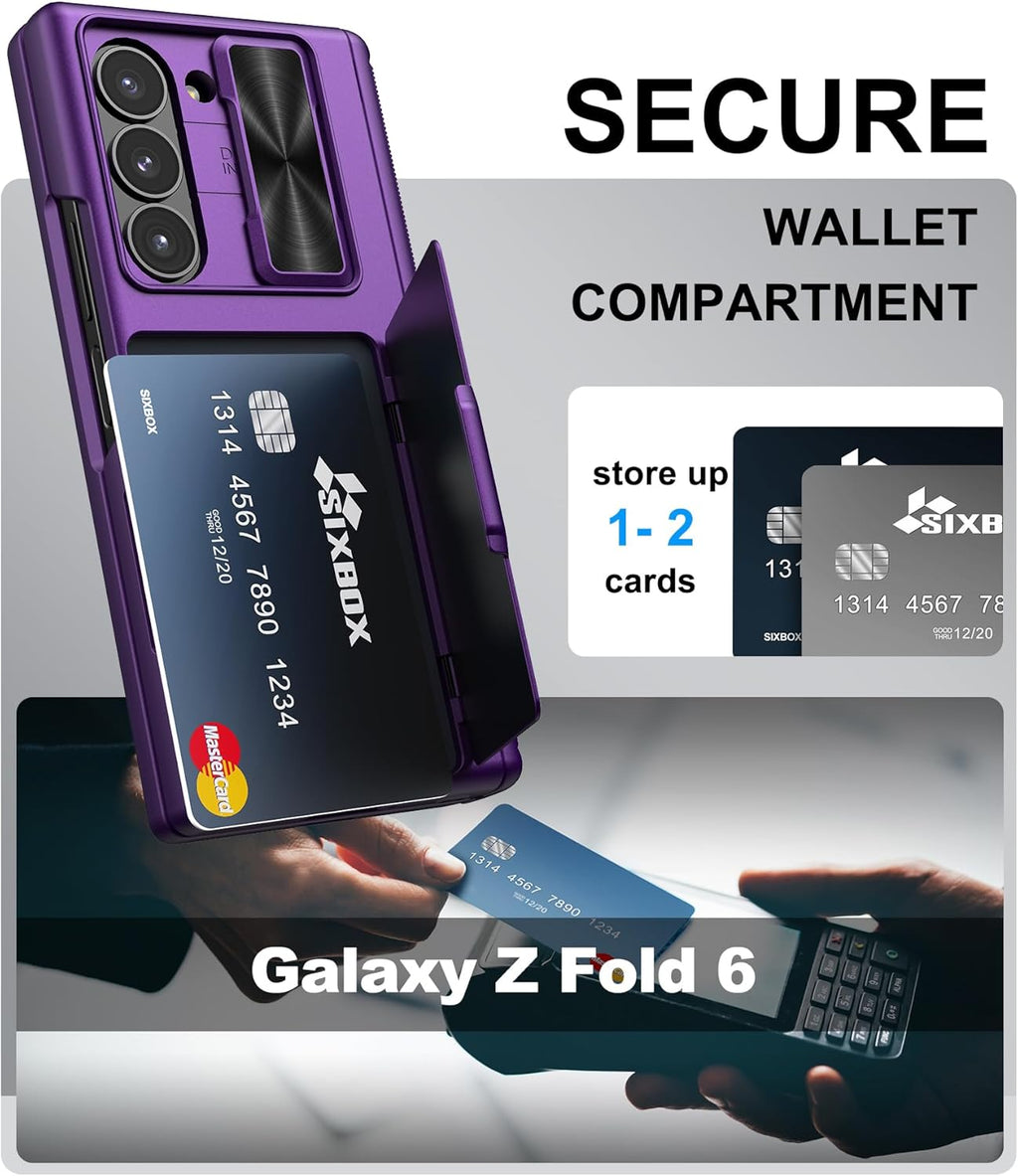 for Samsung Galaxy Z Fold 6 Case with Card Holder & Belt Clip & Slide Lens Cover, Built-in Hinge Protection & Screen Protector, Durable Wallet Phone Cover Case for Z Fold 6 5G 2024, Dark Purple