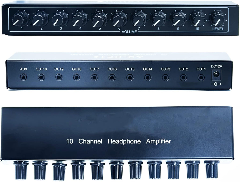 aux Mini Jack TRS 3.5 mm Input 1 in 10 Out Channel Headphone Amplifier Stereo Audio Amp with 12V 1A Power Adapter Distributor Headphone Splitter for Studio and Stage Black