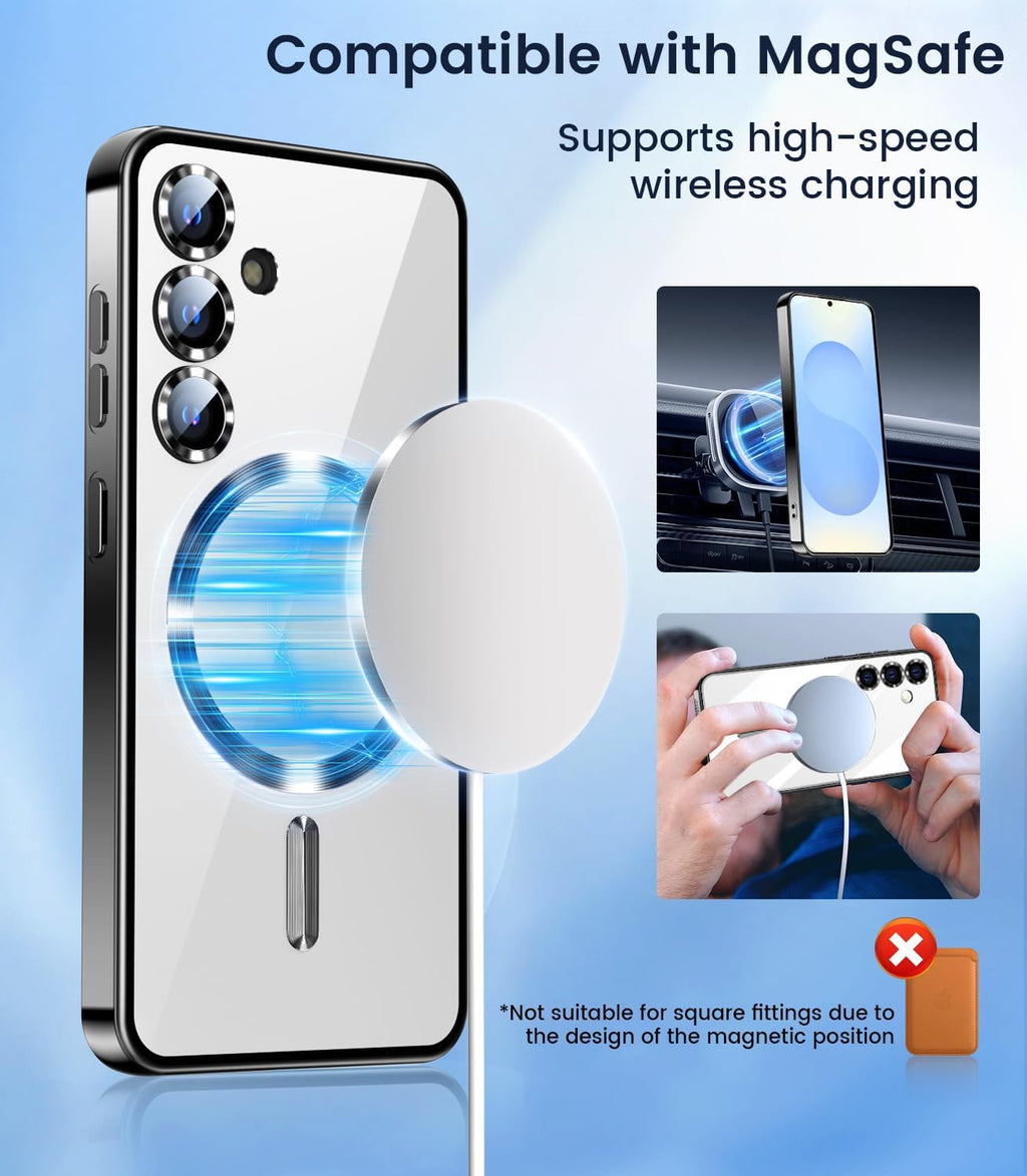 Slim Thin for Samsung Galaxy S25 Case, Compatible with MagSafe, Built-in Camera Lens Protector, Shockproof Protective Phone Case, Soft Electroplated Clear Phone Cover, Black