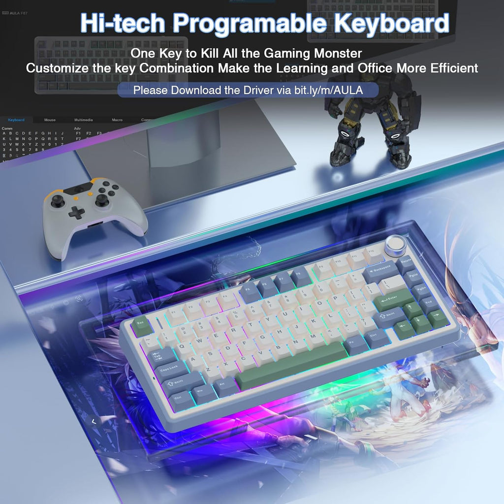AULA F75 75% Wireless Mechanical Keyboard, Hot Swappable Creamy Keyboard, Pre-lubed Reaper Switches RGB Backlit Gaming Keyboards, 2.4GHz/Type-C/BT5.0(White & Green)