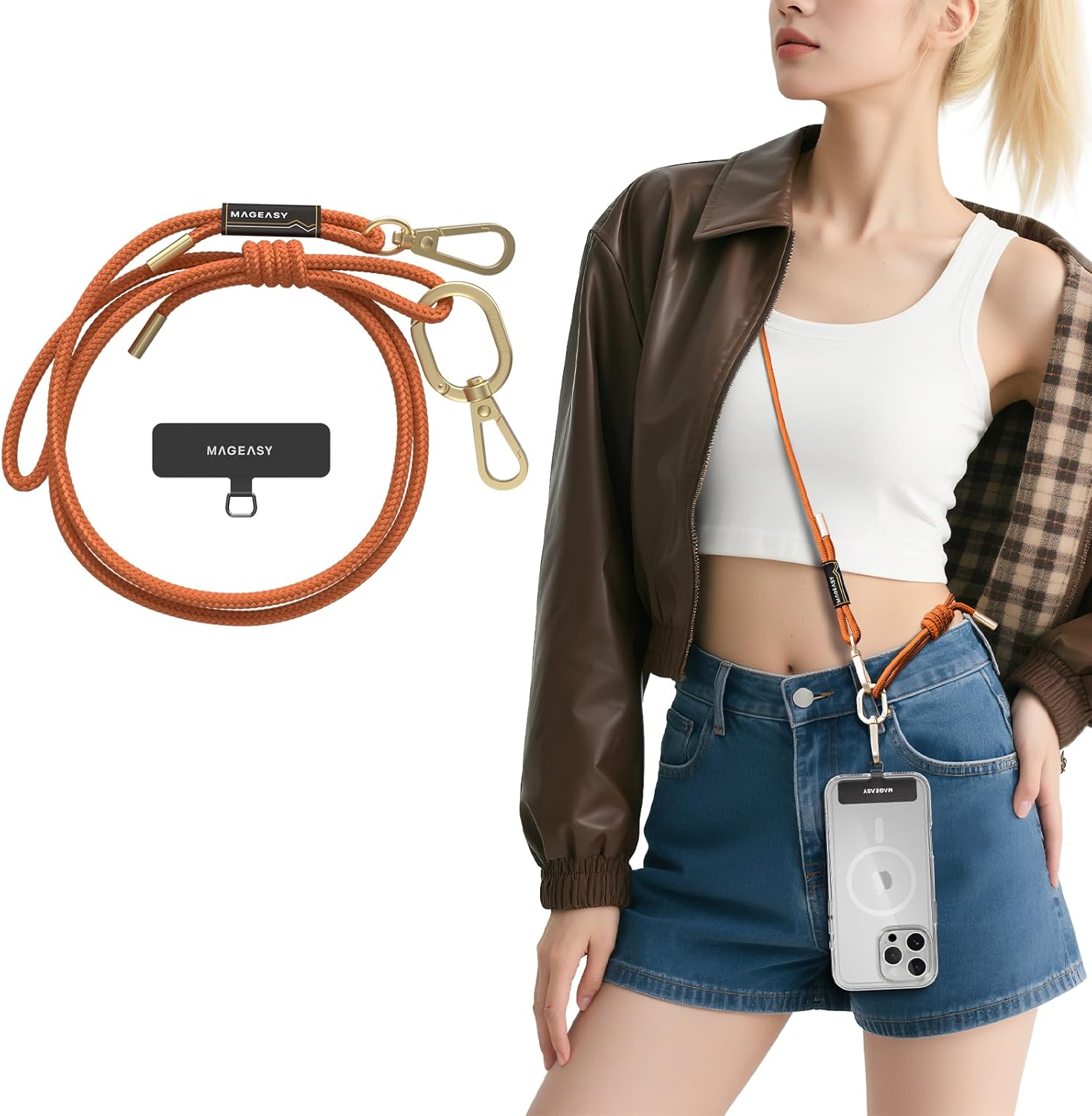MAGEASY Universal Cell Phone Lanyard - Anti-Theft Rope Crossbody Phone Strap for iPhone 16 Pro Max & Most Smartphones, for Men & Women | 6mm Orange