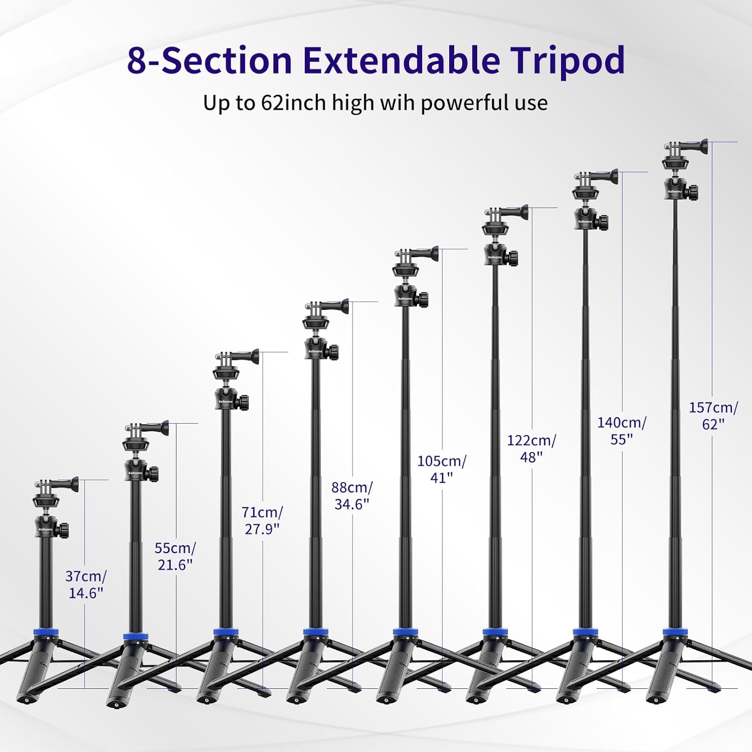 Selfie Stick Tripod for Gopro Camera, 62" Extendable Tripod Stand with 360° Ball Head 1/4" Screw, Portable Lightweight Camera Tripod for GoPro Max Hero 11 10 9 8 7 6 5 DJI OSMO Action Camera