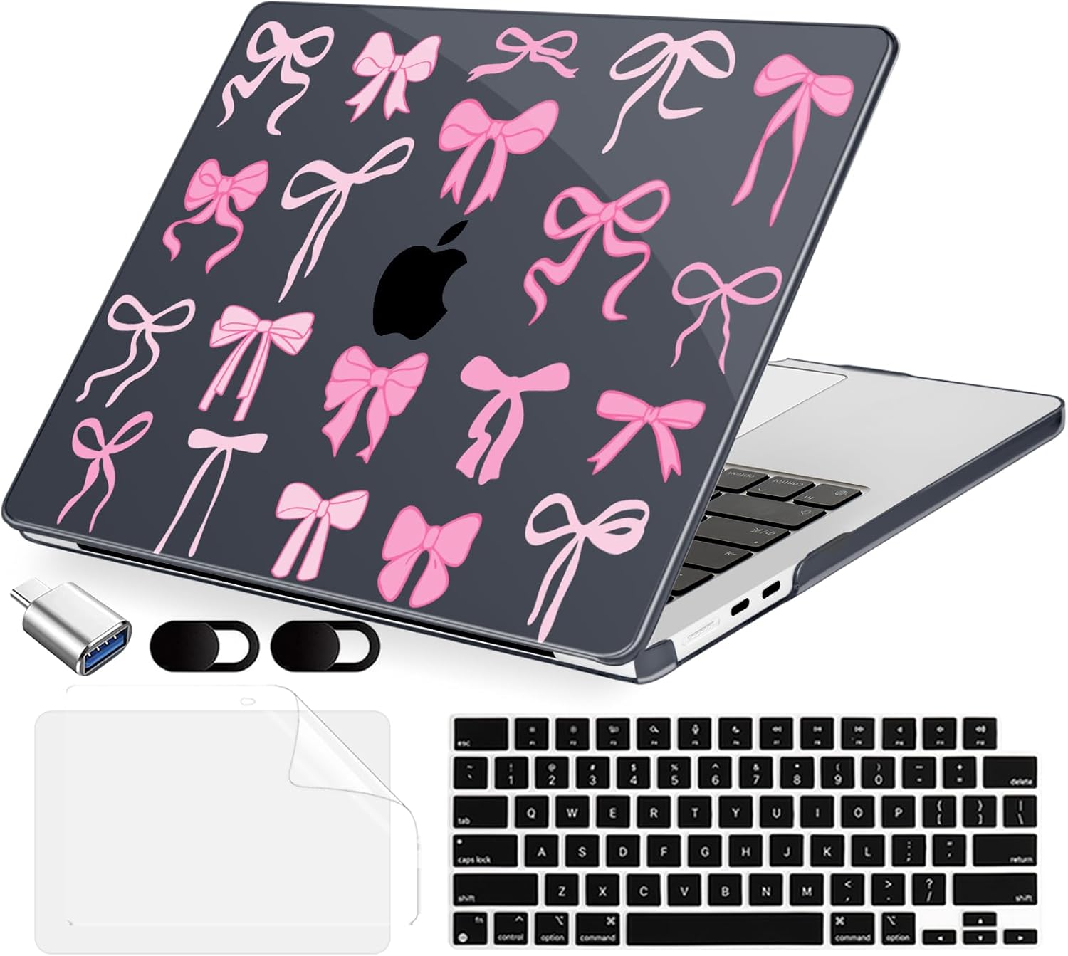 Compatible with MacBook Air 15 inch Case, M4 A3241/M3 A3114/M2 A2941 (Released 2025 to 2023), Hard Shell, Keyboard Cover, Screen Protector, Webcam Cover & Type-C Adapter, Black Bows