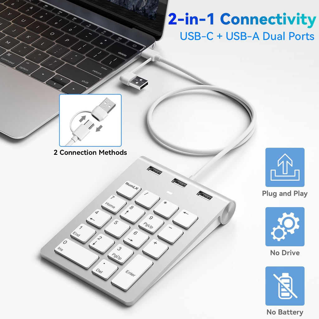 Wired Numeric Keypad USB-C & USB-A - 18 Keys Number Pad with 3 USB 2.0 Port, 15° Ergonomic Numeric Pad for Laptop/ Desktop/ Surface/ iPad, USB Number Keypad for Windows/macOS/Chrome OS, Plug & Play