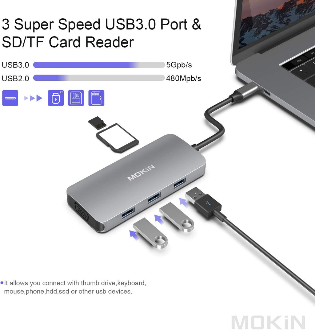 USB C Hub Multiport USB C Adapter for MacBook Pro 2023 2022 2021 2020,USB C Hub USB C to HDMI VGA SD TF Card Reader 3USB 3.0 and USB C Power Pass-Through Port