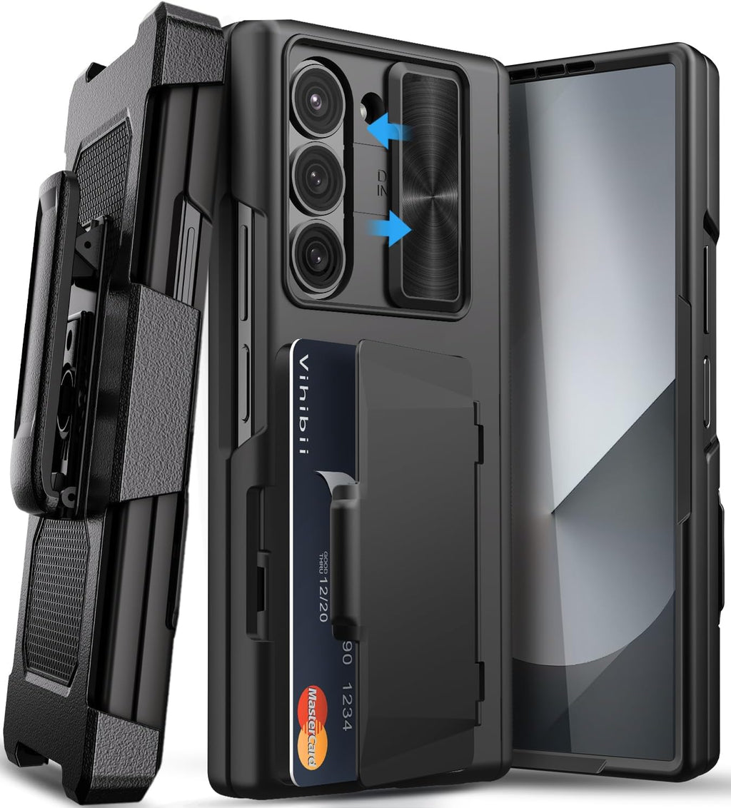 Vihibii for Samsung Galaxy Z Fold 6 Case with Belt Clip Holster & Card Holder & Slide Camera Cover & Hinge Protection & Screen Protector, Shockproof Rugged Wallet Case for Galaxy Z Fold 6, Black