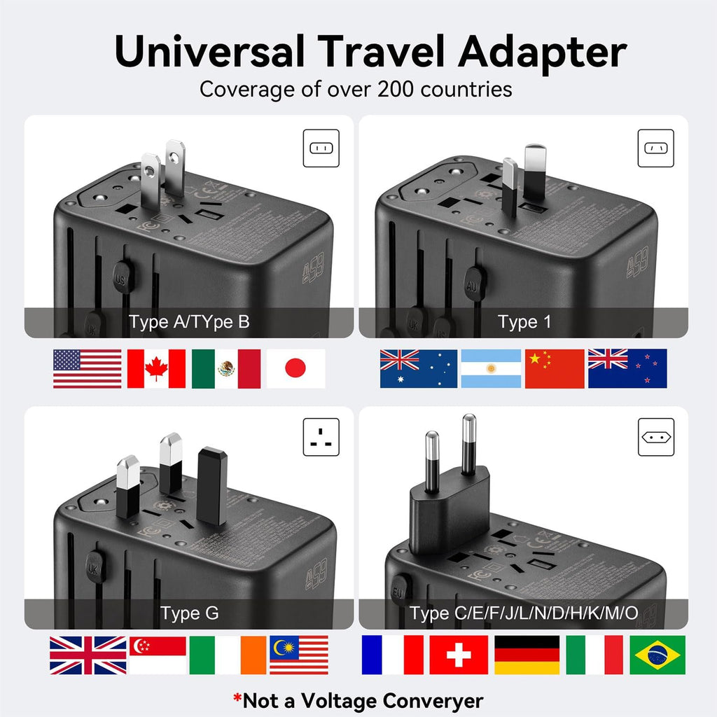 Universal Travel Multi Adapter, PD 65W Worldwide Travel Charger with 100W 3-in-1 Multi Cable/1 USB-A/3 USB-C Fast Charging, All in One Outlet Adapter for iPhone,Laptops,Type USA/EU/UK/AUS