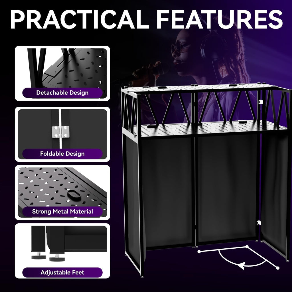 Portable DJ Booth Table,Foldable DJ Table Stand Portable with White & Black Scrim,Adjustable DJ Facade Table Station Metal Frame DJ Table with Cable Hole for Private Events, Clubs, Bars (Upgrade)