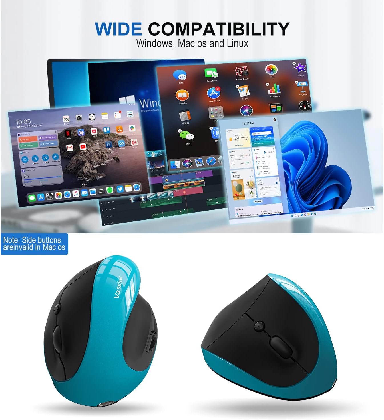 Vassink Ergonomic Mouse, Rechargeable Wireless Mouse Right Handed Small Mouse with 6 Buttons for Laptop,Desktop,PC, MacBook（Blue）