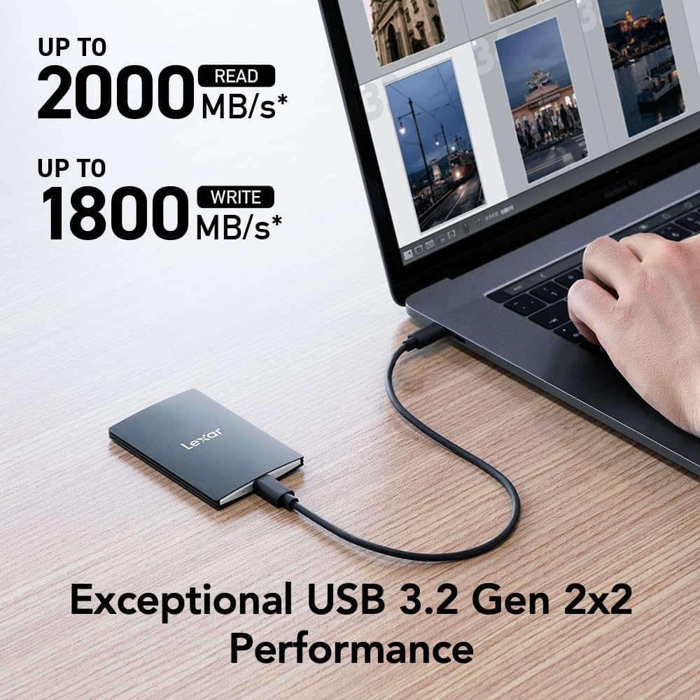 Lexar 1TB SL500 Portable SSD, Up to 2000MB/s, Compatible w/Type-C Laptops, iPhone 15/16, Smartphones, Tablets, PS5, Xbox, USB 3.2 Gen 2x2, Slim & Lightweight, External SSD, Black (LSL500X001T-RNBNU)